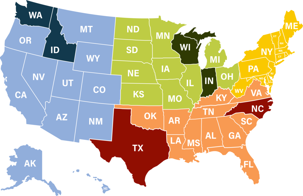 Juntos states highlighted on map. The participating states are WA, ID, WI, IN, NC, and TX.