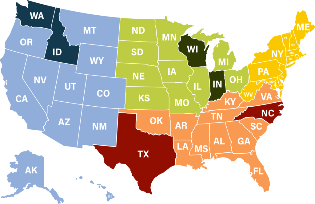 USA map with Washington, Idaho, Wisconsin, Indiana, Texas, and North Carolina highlighted as Juntos participating states